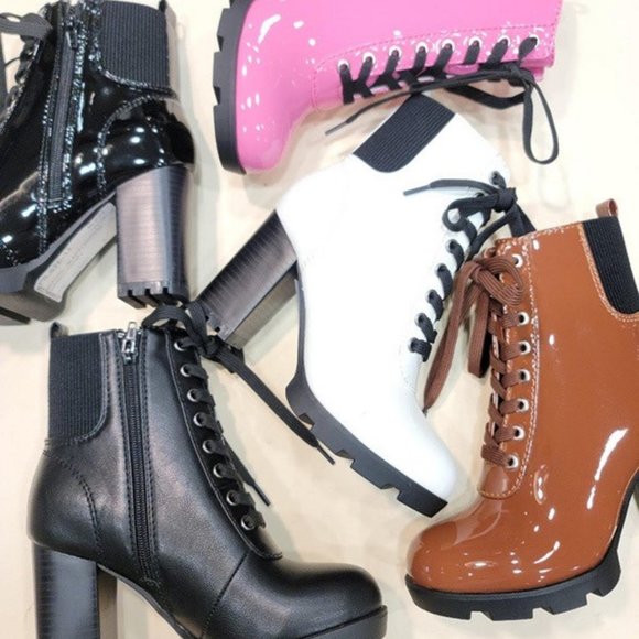 Cognac Patent Leather Zip Lace Up Platform Booties High chunky heel Size 6.5 New - Picture 2 of 7